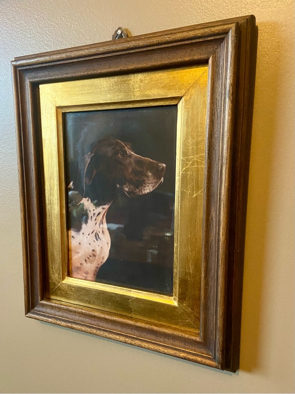 Moody Dog Art Portrait Print 5”x7” in Vintage Frame Gold Tone and Wood